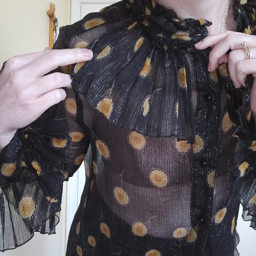 Anna SUI Black Metallic Ruffle Women's Top 10 Medium - Picture 3 of 7